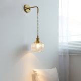 Vintage Wall Sconce  Brass Cube Glass Shade - Detailed view