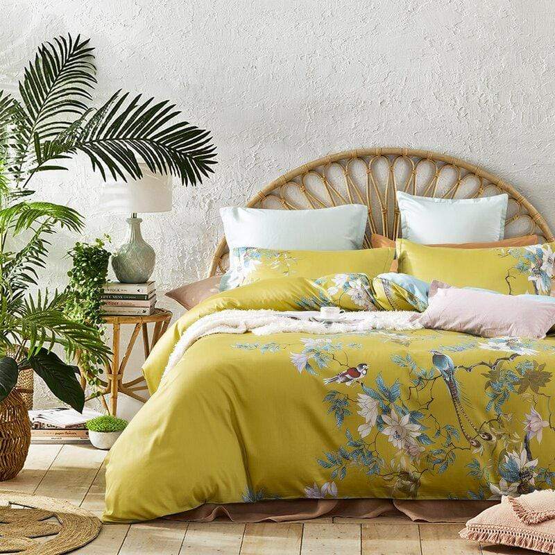 Luxury Egyptian Cotton Bedding  Bird Floral Pattern Yellow Duvet Set - Product detail 4