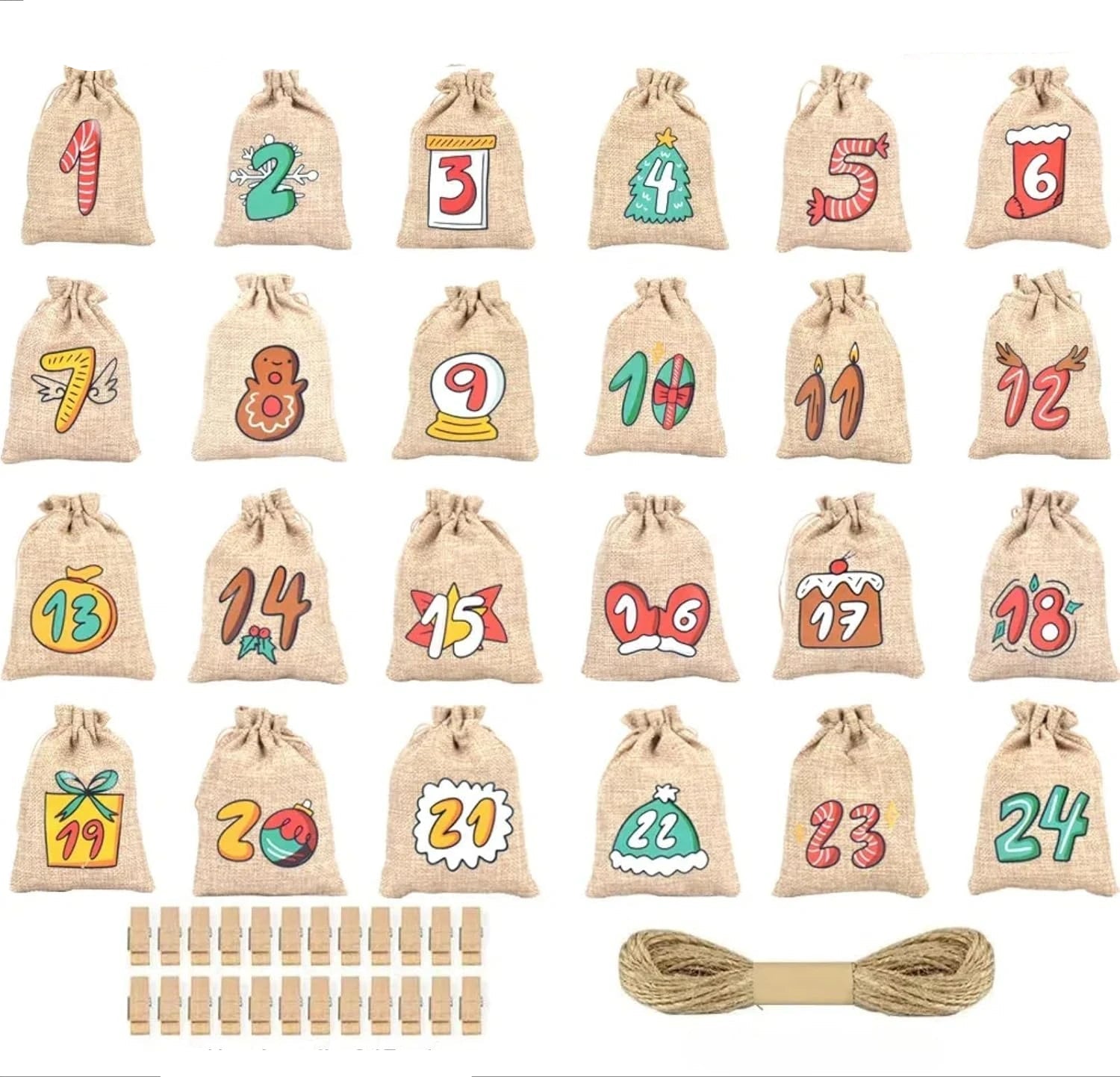 Christmas Advent Calendar  24 Jute Drawstring Bags With Clips - Product showcase