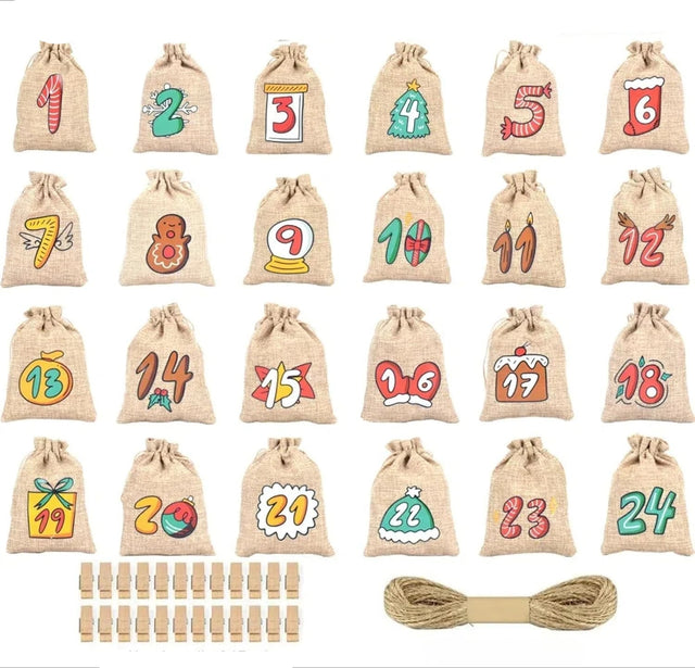 Christmas Advent Calendar  24 Jute Bags with Wooden Clips - Product showcase