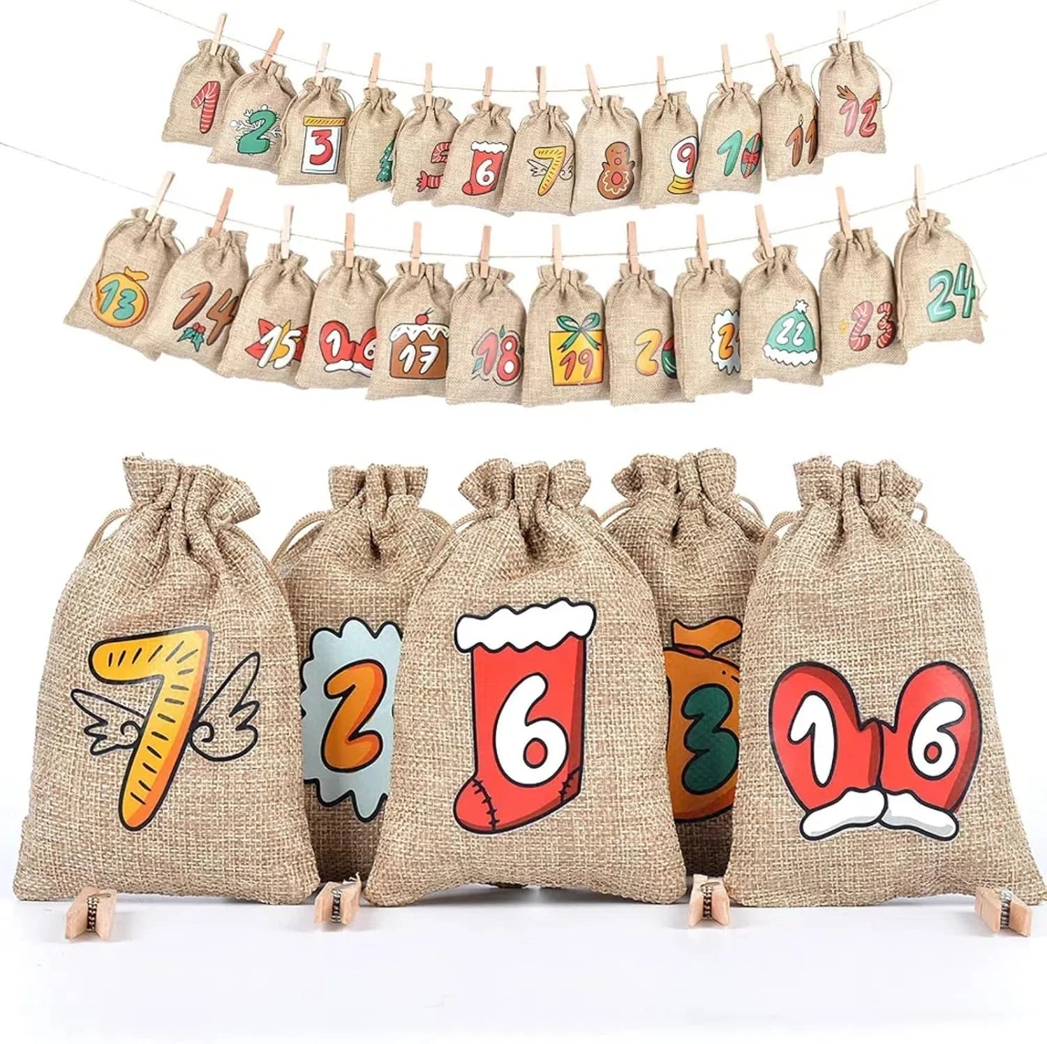 Christmas Advent Calendar  24 Jute Drawstring Bags With Clips - Detailed view