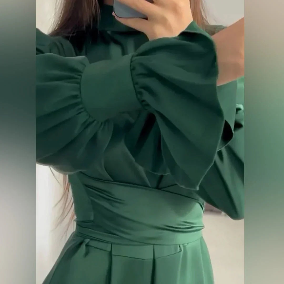 Elegant Maxi Dress  Long Sleeve High Neck Pleated Design - Product example