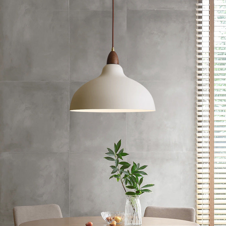 Scandinavian Pendant Light  Wood Accent Dome Shade - Detailed view