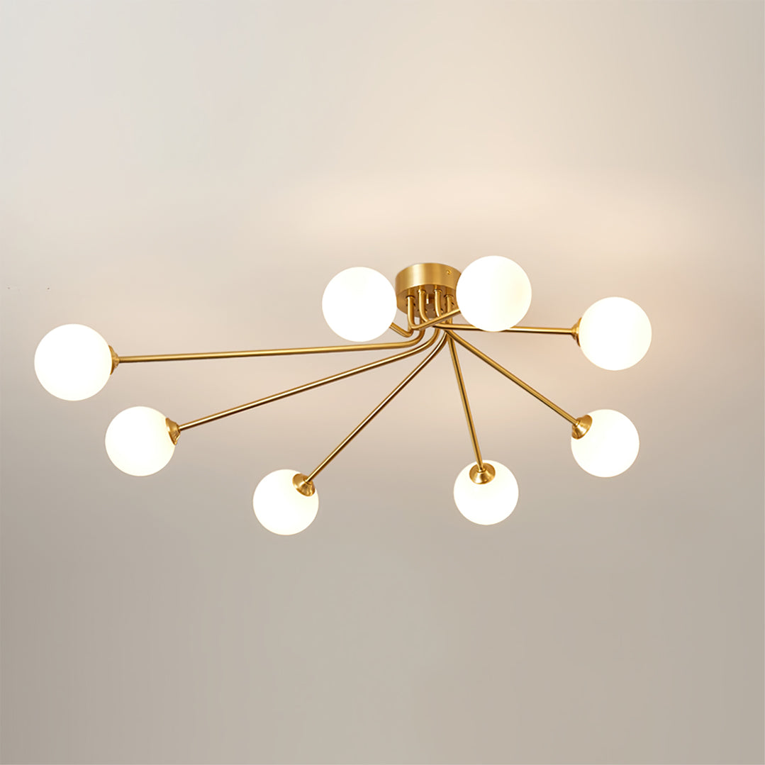 Modern Molecular Ceiling Light  Brass Arms White Glass Globes - Detailed view