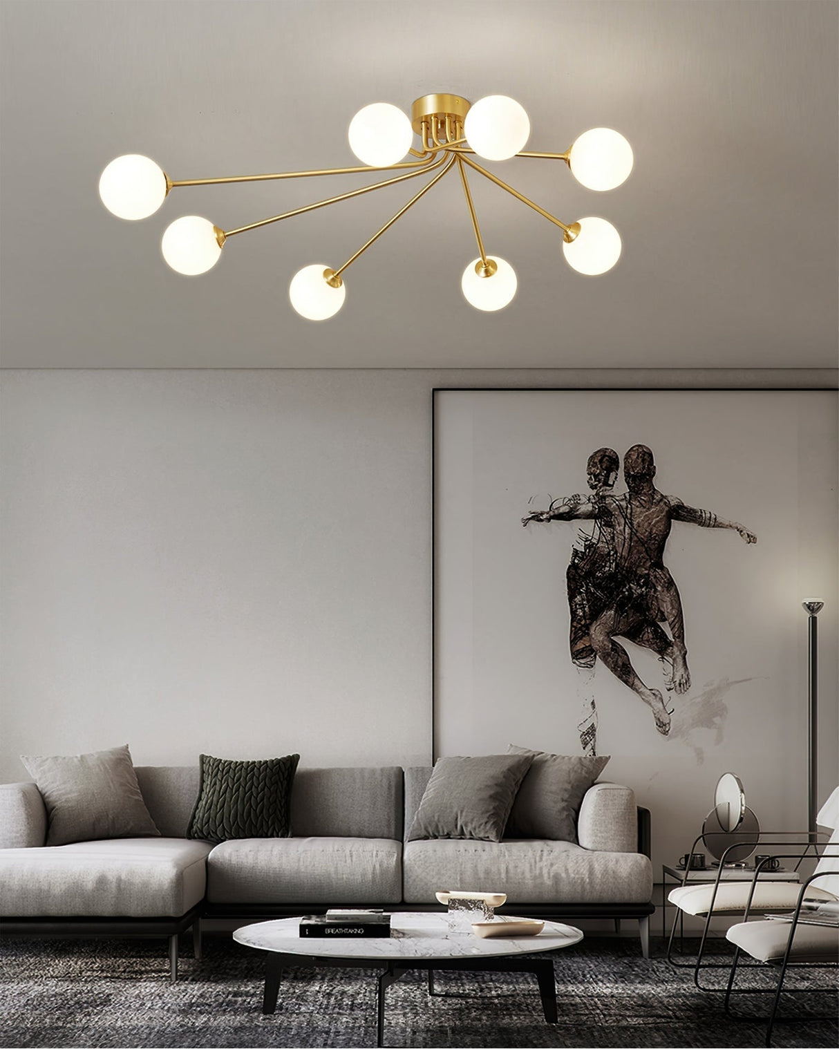 Modern Molecular Ceiling Light  Brass Arms White Glass Globes - Product detail 5
