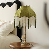 Vintage Table Lamp  Green Fabric Shade With Fringes - Product example