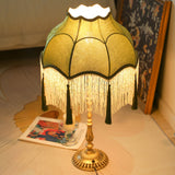 Vintage Table Lamp  Green Fabric Shade With Fringes - Product detail 8