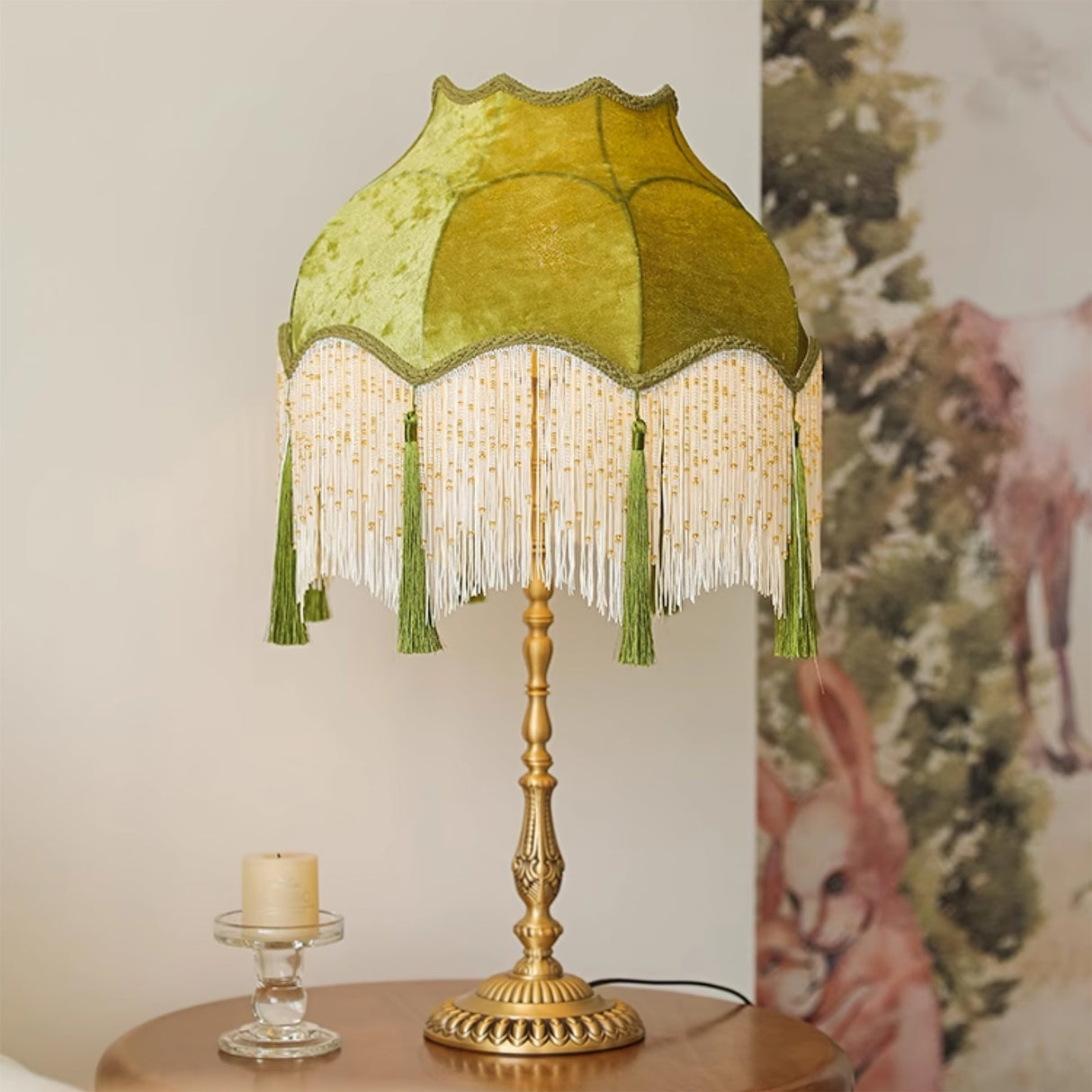 Vintage Table Lamp  Green Fabric Shade With Fringes - Product detail 7