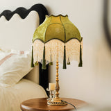 Vintage Table Lamp  Green Fabric Shade With Fringes - Detailed view