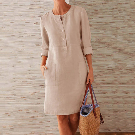 Linen Summer Shift Dress  Button-Front Roll-Up Sleeves - Product detail 6