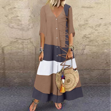 Color Block Maxi Dress  V-Neck Button Front Design - Product showcase