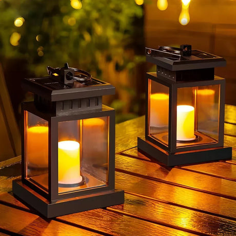 Solar Garden Lantern  Black Metal Frame With LED Candle - Product showcase