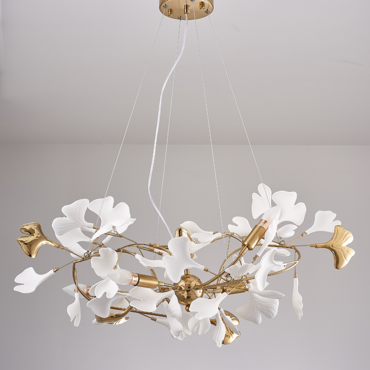 Ginkgo Leaf Chandelier  Brass and White Floral Design - Product detail 11