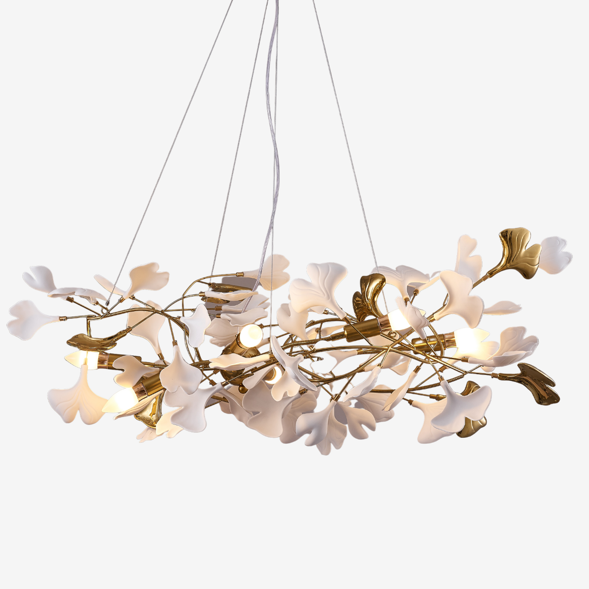Ginkgo Leaf Chandelier  Brass and White Floral Design - Product showcase