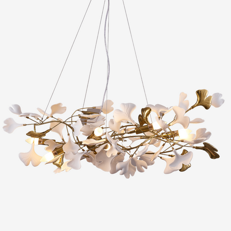 Ginkgo Leaf Chandelier  Brass and White Floral Design - Product showcase