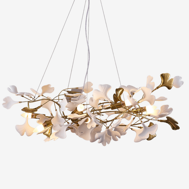 Ginkgo Leaf Chandelier  Brass and White Floral Design - Product showcase