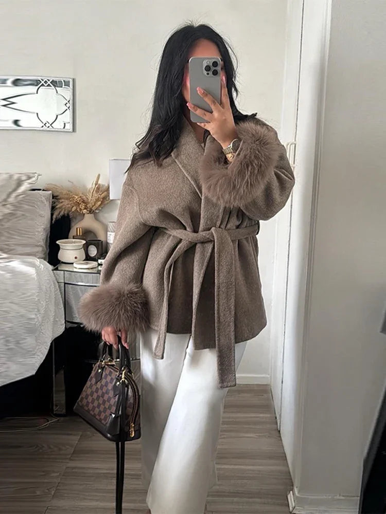 Luxury Wool Wrap Coat  Faux Fur Cuff Detail - Detailed view