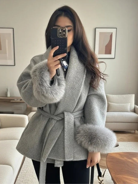 Luxury Wool Wrap Coat  Faux Fur Cuff Detail - Product detail 7