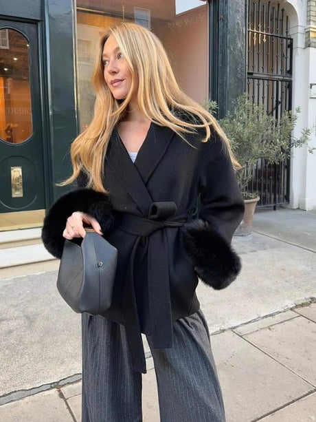Luxury Wool Wrap Coat  Faux Fur Cuff Detail - Product detail 8