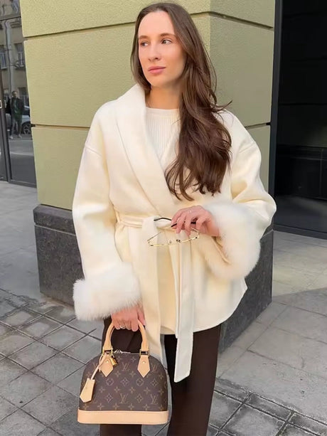Luxury Wool Wrap Coat  Faux Fur Cuff Detail - Product showcase