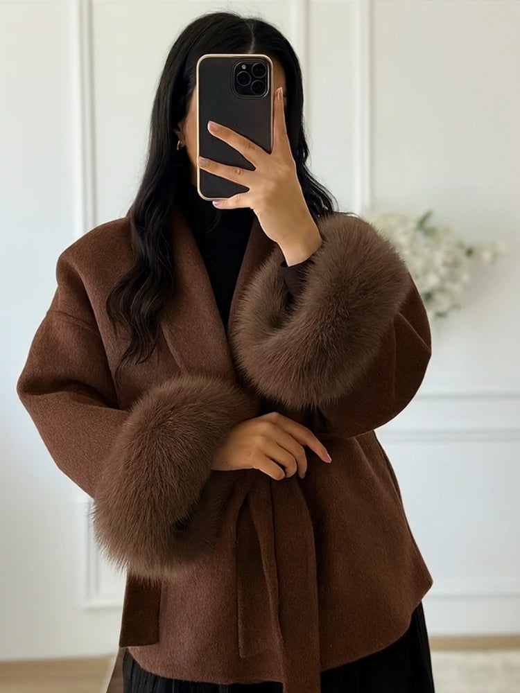 Luxury Wool Wrap Coat  Faux Fur Cuff Detail - Product detail 6