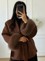 Luxury Wool Wrap Coat  Faux Fur Cuff Detail - Product detail 6