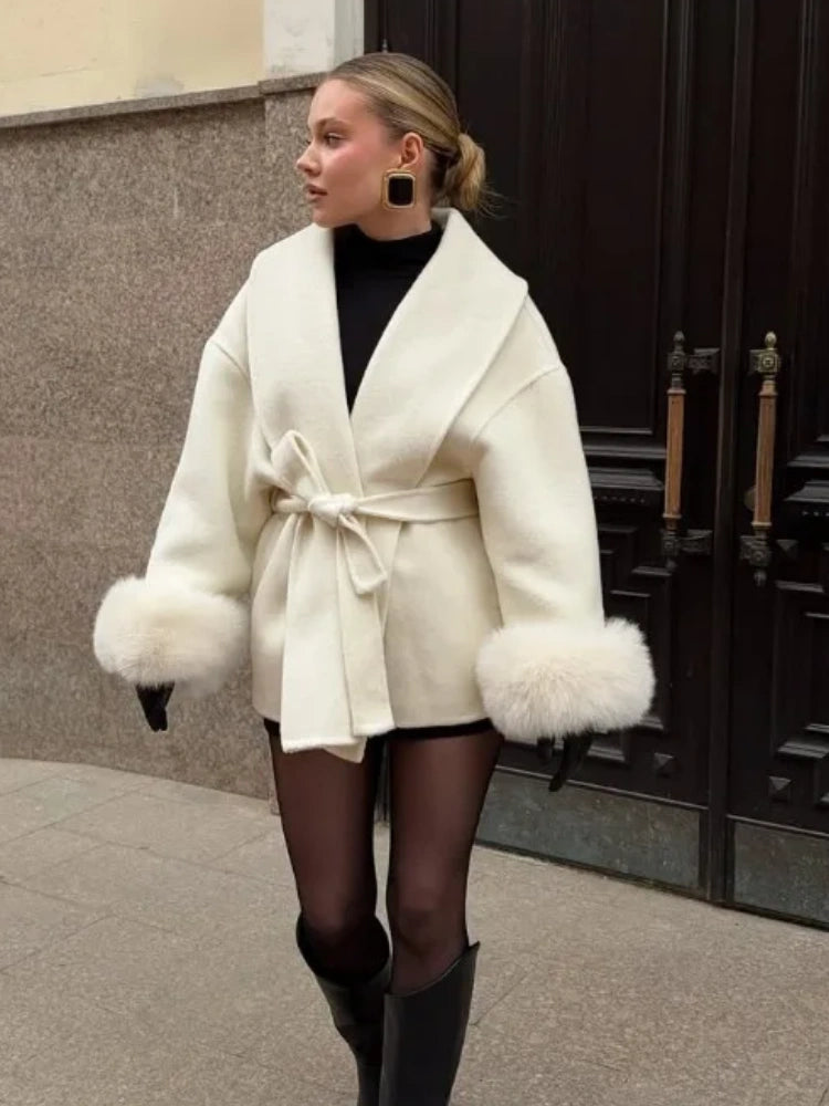 Luxury Wool Wrap Coat  Faux Fur Cuff Detail - Product detail 5