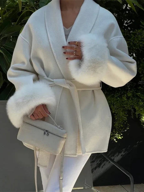 Luxury Wool Wrap Coat  Faux Fur Cuff Detail - Product detail 4