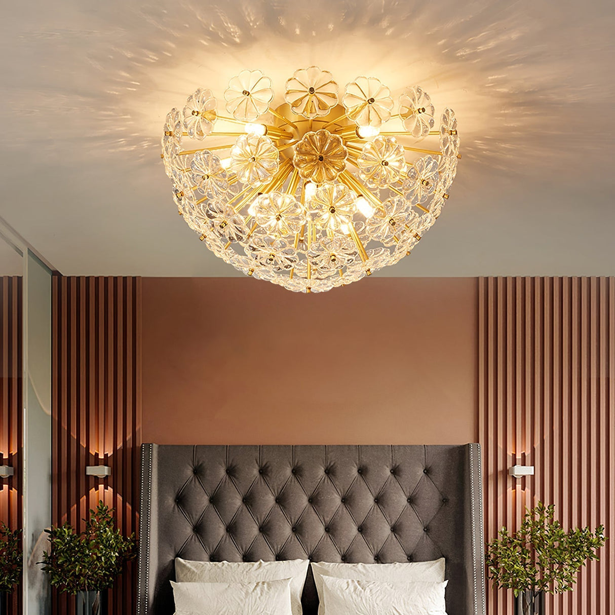 Crystal Flower Ceiling Light  Gold Metal Floral Design - Detailed view