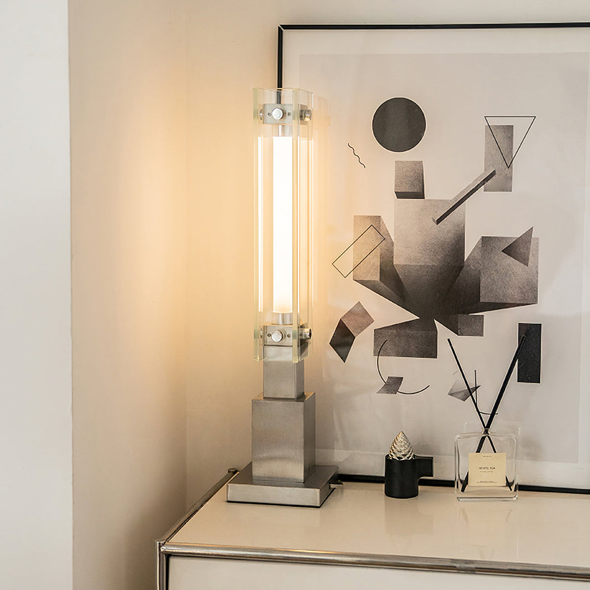 Modern Table Lamp  Glass and Steel Bauhaus Design - Detailed view