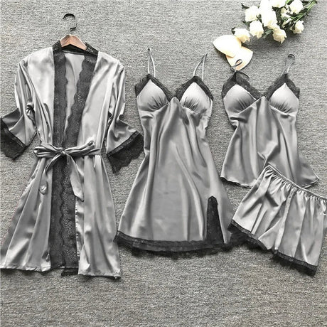Luxury Silk Sleepwear Set  Lace Trim Kimono With Cami  Shorts - Product example