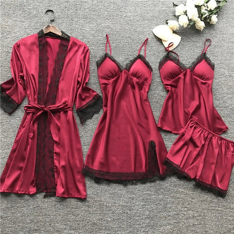 Luxury Silk Sleepwear Set  Lace Trim Kimono With Cami  Shorts - Detailed view