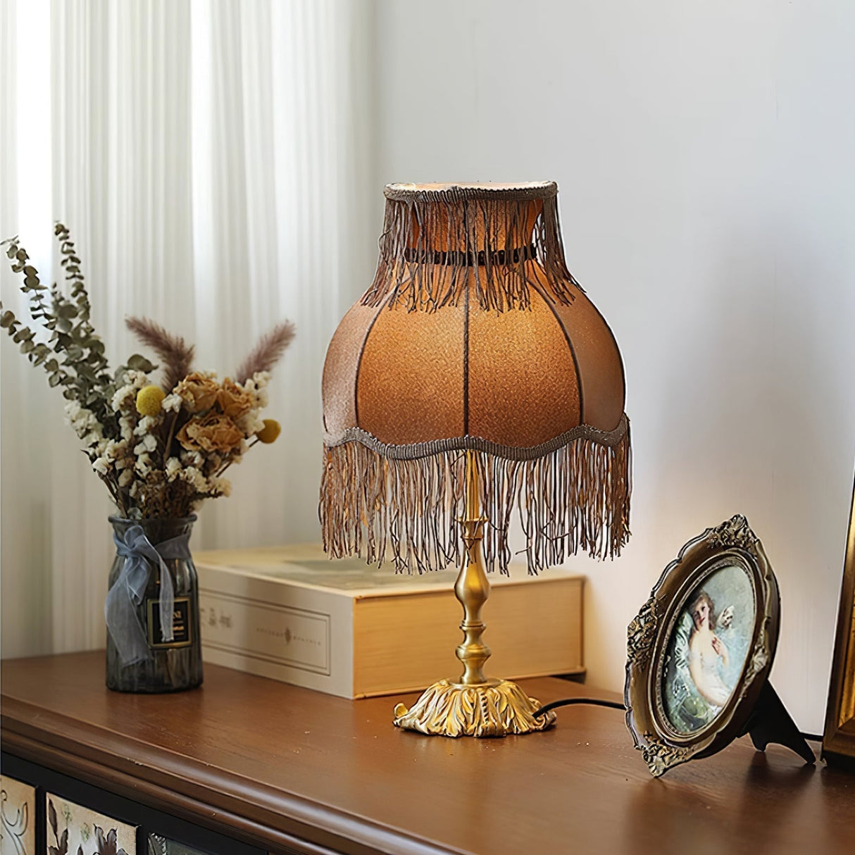 Vintage Table Lamp  Brass Base with Fringed Velvet Shade - Detailed view