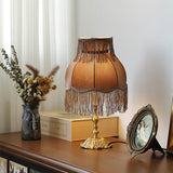 Vintage Table Lamp  Brass Base with Fringed Velvet Shade - Detailed view