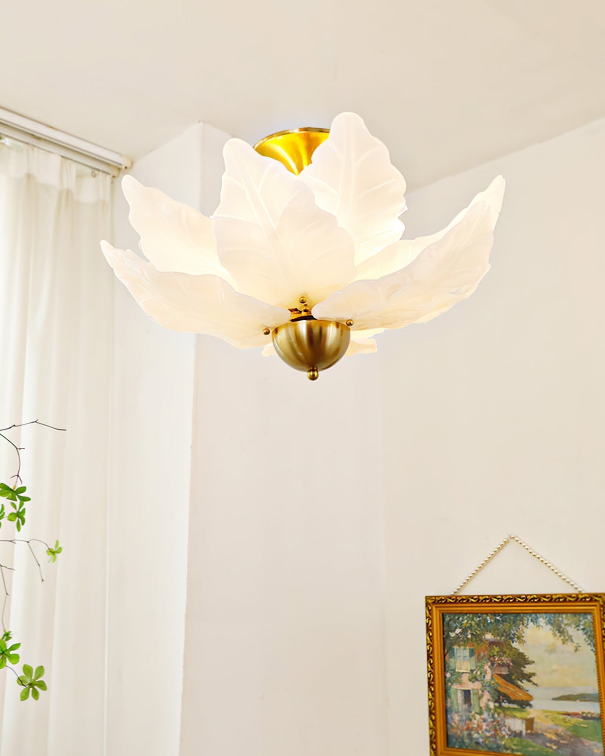 Glass Leaf Ceiling Light  White Petal Design With Brass Accents - Product detail 6