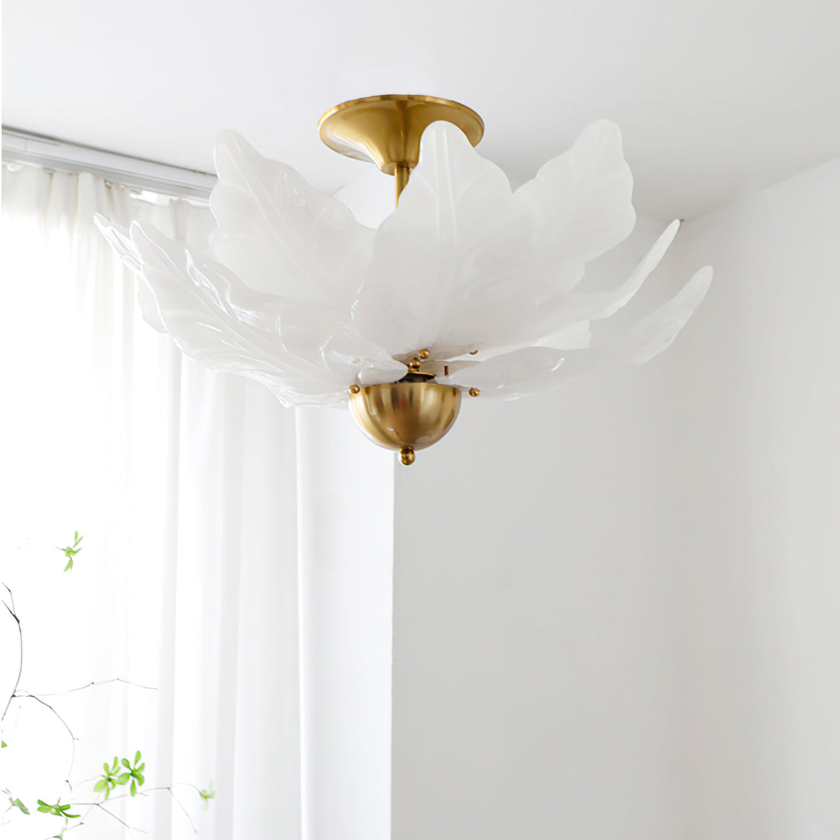 Glass Leaf Ceiling Light  White Petal Design With Brass Accents - Detailed view