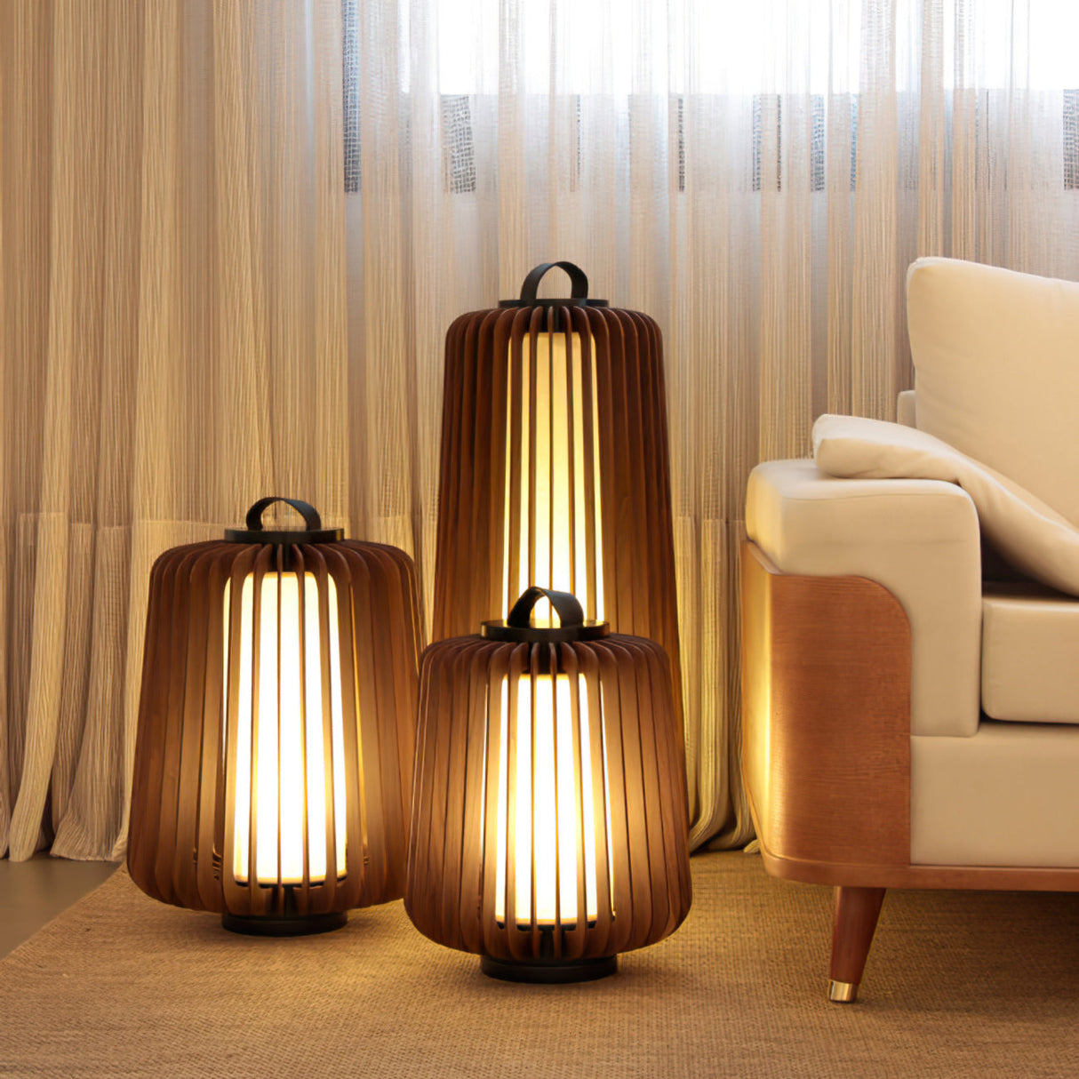 Modern Outdoor Table Lamp  Wood Slat Lantern Design - Detailed view