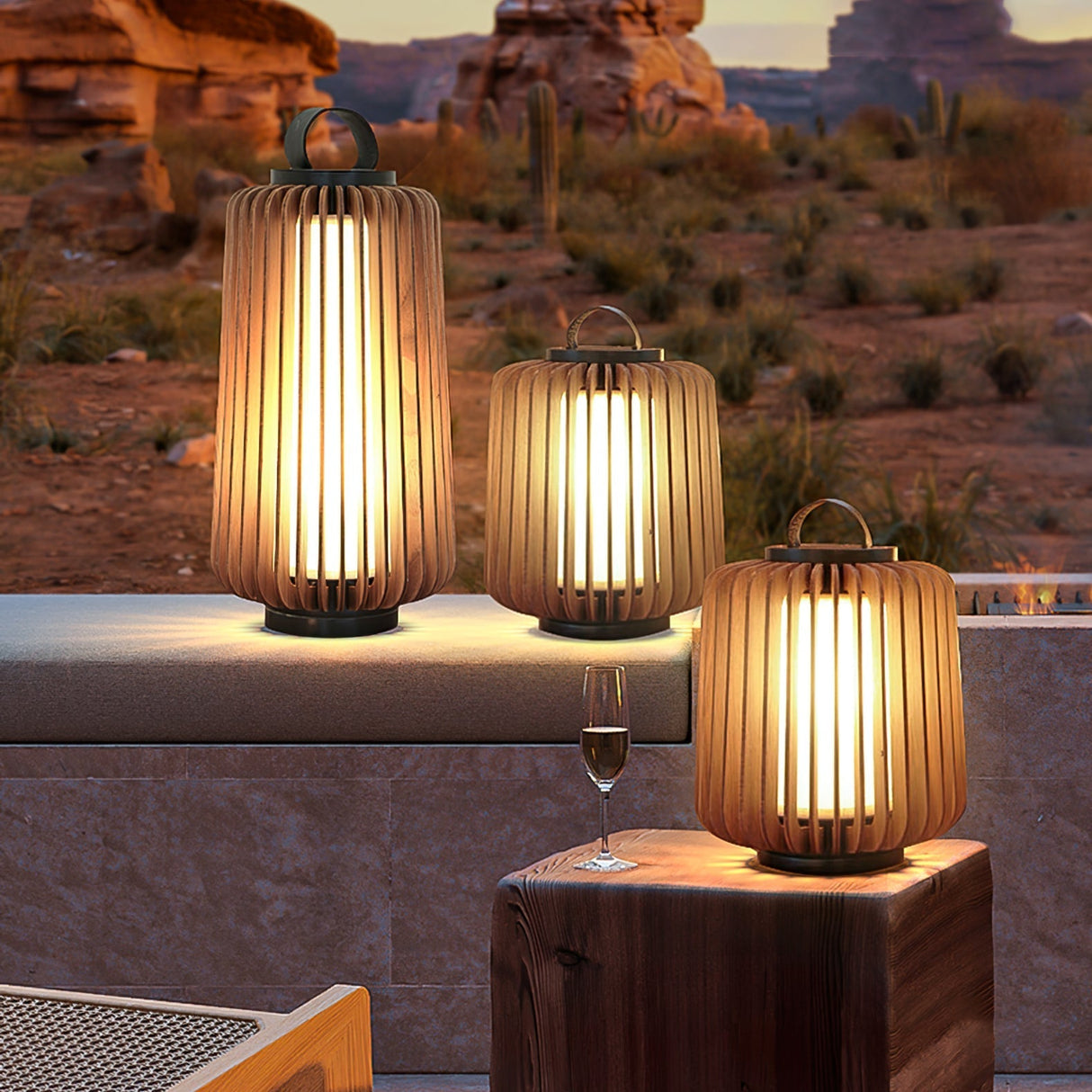 Modern Outdoor Table Lamp  Wood Slat Lantern Design - Product detail 6