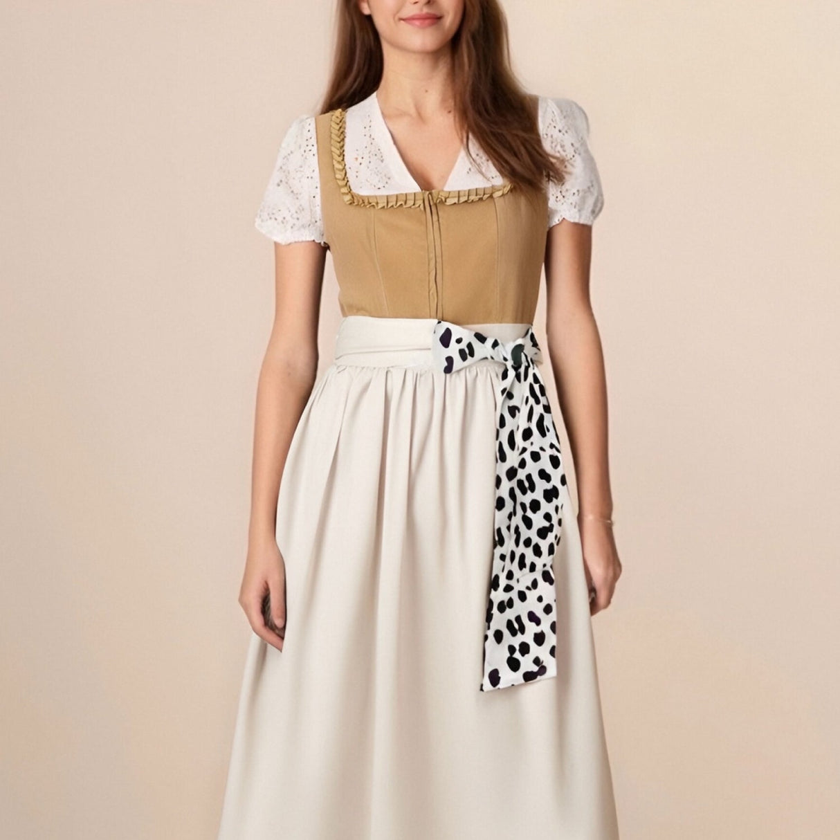 Modern Dirndl Dress  Khaki Cotton With Leopard Print Accent - Product showcase