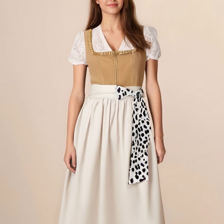 Modern Dirndl Dress  Khaki Cotton With Leopard Print Accent - Product showcase
