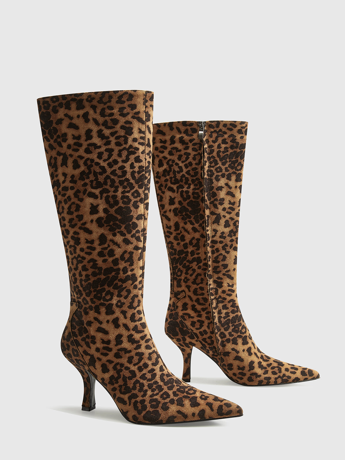 Leopard Print Knee High Boots  Suede Pointed Toe Mid-Heel Design - Product detail 6
