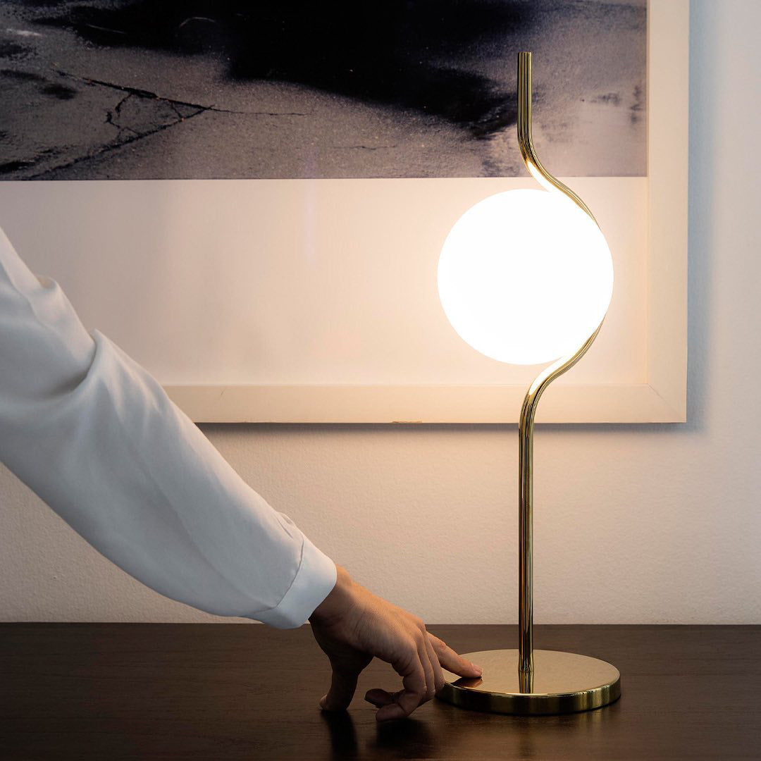 Modern Table Lamp  Curved Gold Frame With Glass Globe - Detailed view