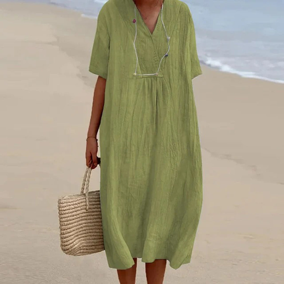 Summer Linen Midi Dress  V-Neck Loose Fit Design - Product detail 4
