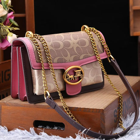 Designer Crossbody Bag  Colorblock Pattern With Gold Chain - Product showcase