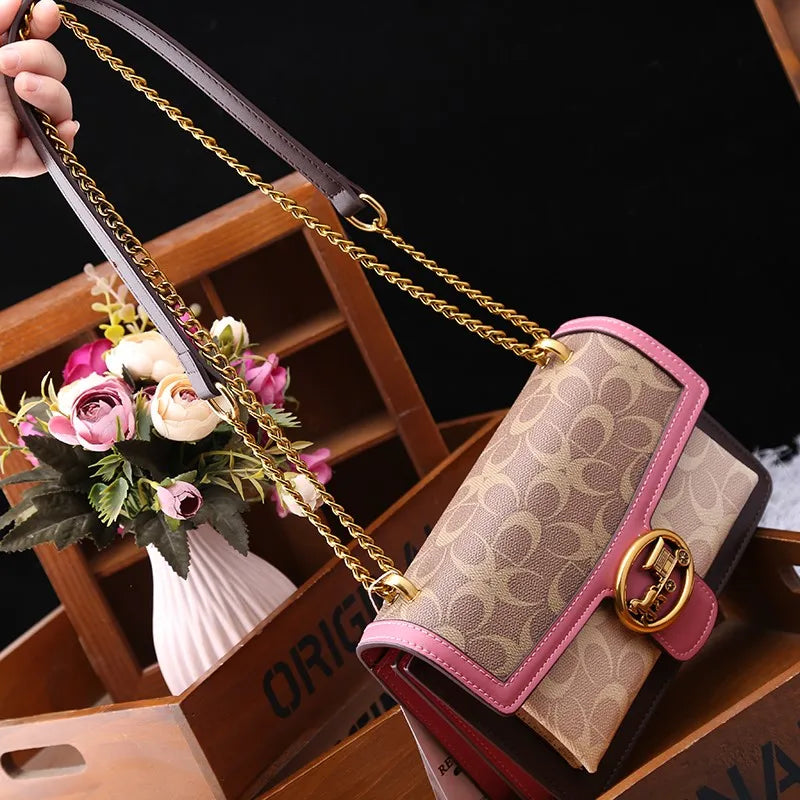 Designer Crossbody Bag  Colorblock Pattern With Gold Chain - Detailed view