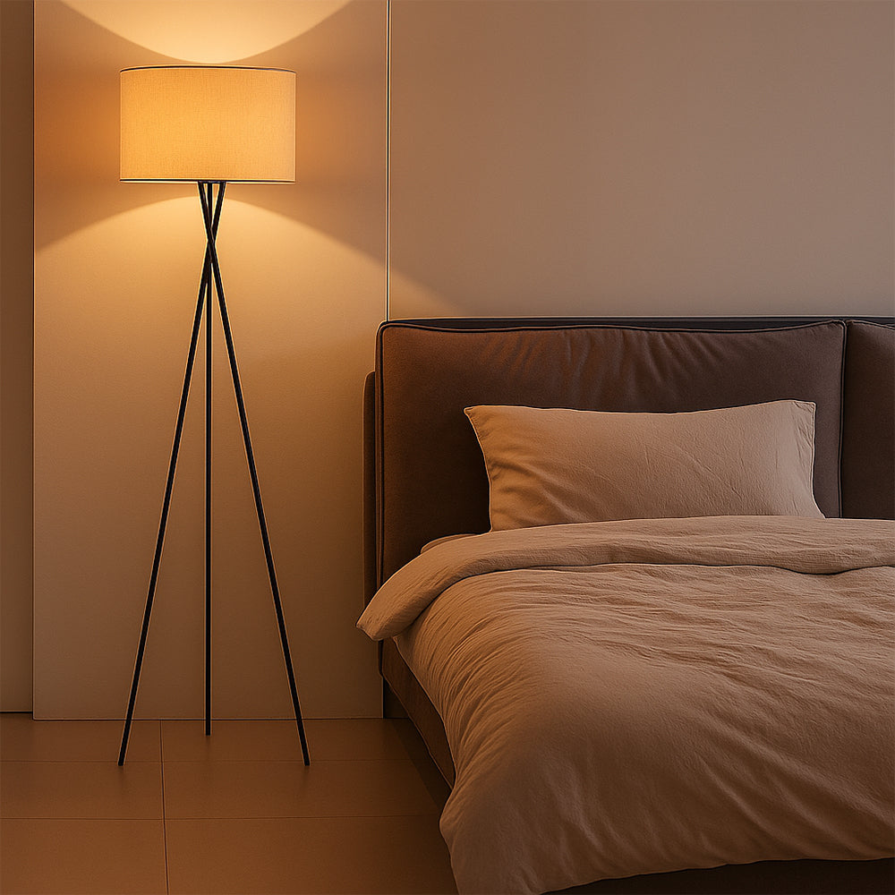 Modern Tripod Floor Lamp  Fabric Shade with Metal Base - Detailed view
