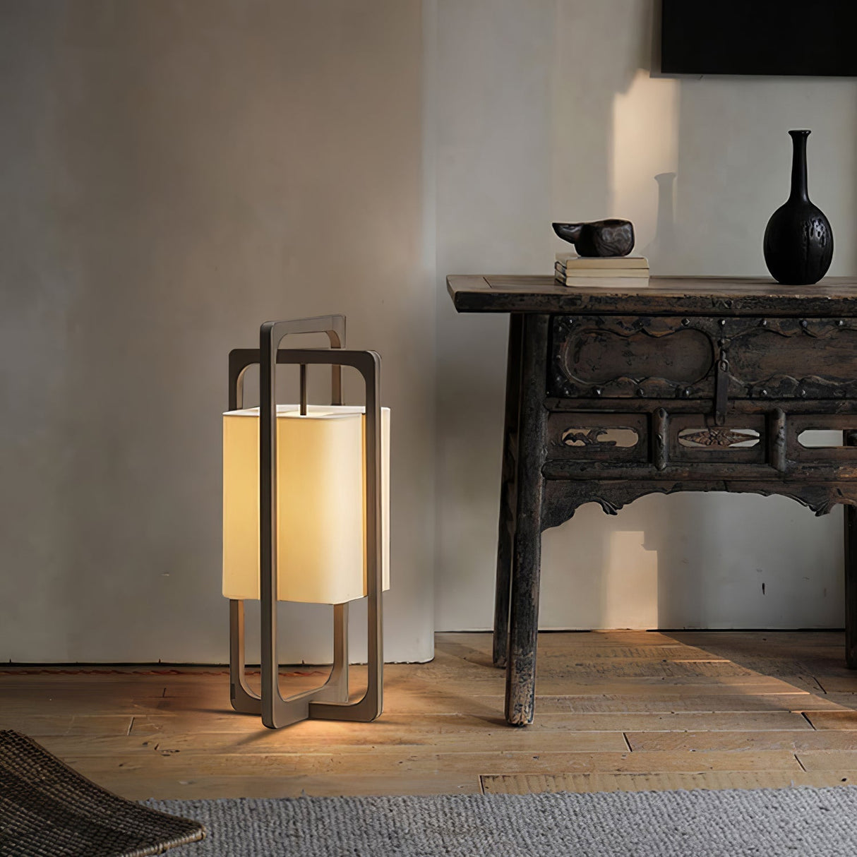 Modern Table Lamp  Dark Walnut Frame with Cotton Shade - Product detail 4