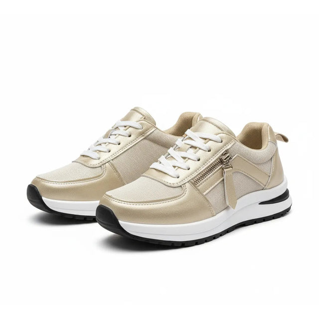 Womens Platform Sneakers  Golden Metallic Mixed Material Design - Product showcase