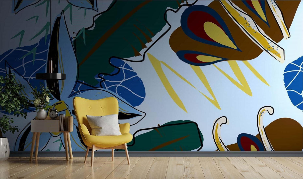 Abstract Mural Wallpaper | Modern Botanical Art with Blue and Gold