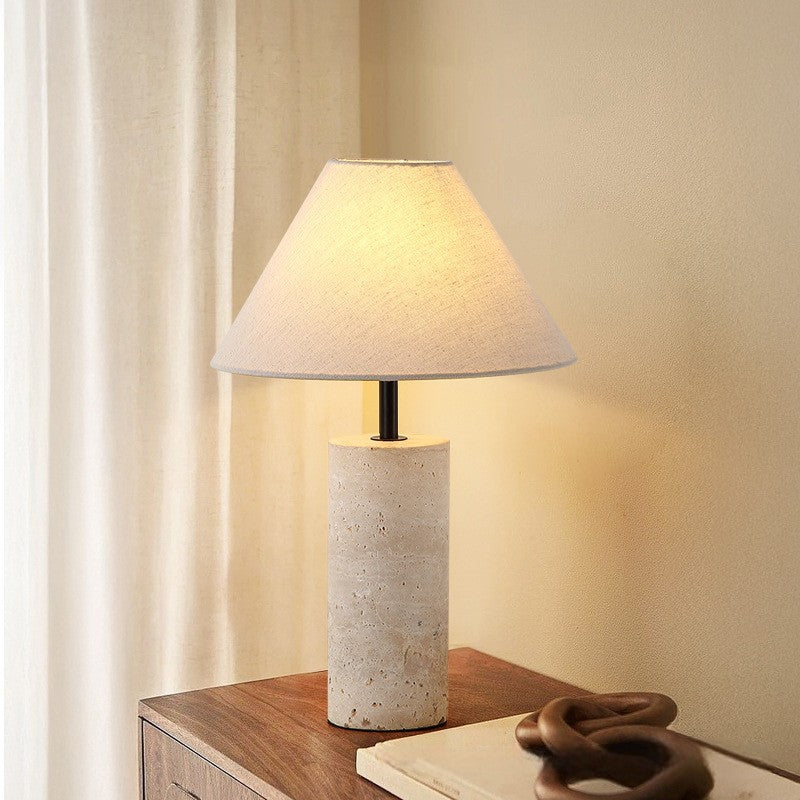 Minimalist Table Lamp  Natural Marble Base With Linen Shade - Detailed view